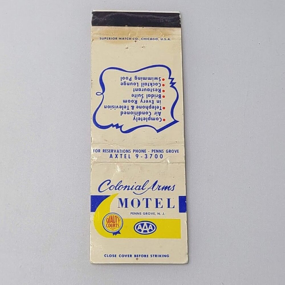 Front Strike Matchbook Cover Colonial Arms Motel Penns Grove NJ Map on Back - Picture 4 of 5
